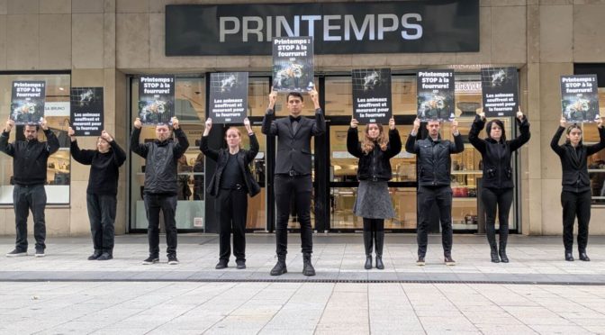 Journée d’action nationale : des activistes de PETA protestent devant des magasins Printemps partout en France pour dire « STOP à la fourrure »